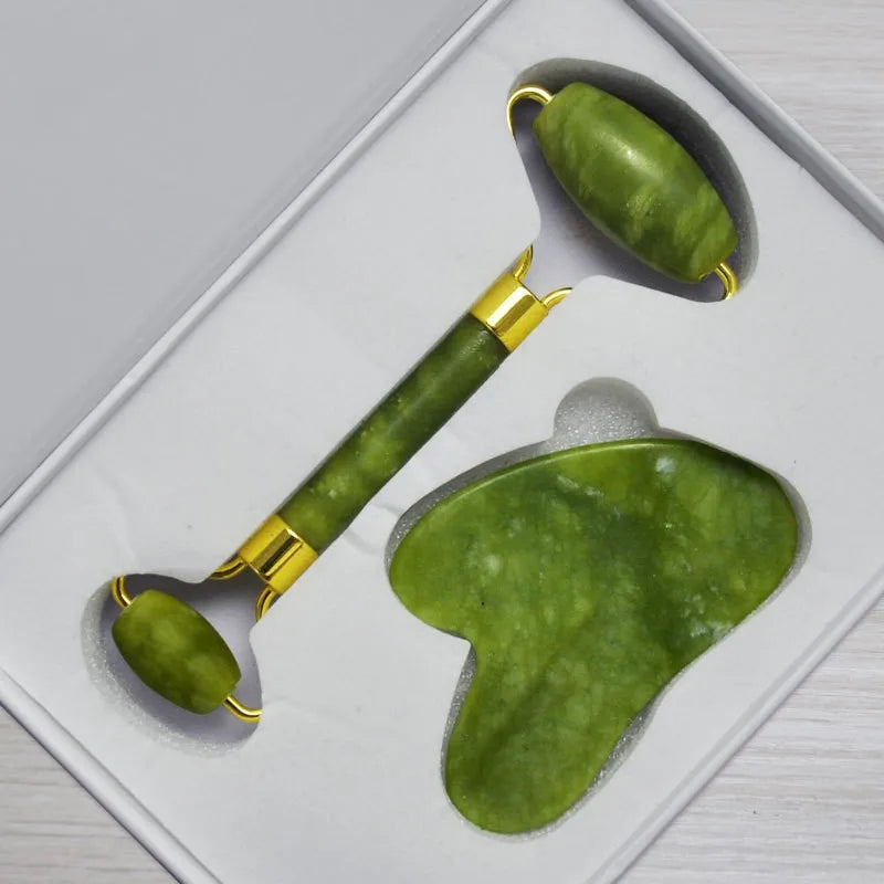 ROLLER MASSAGEADOR FACIAL - PEDRA ROLO JADE + PLACA GUA SHA